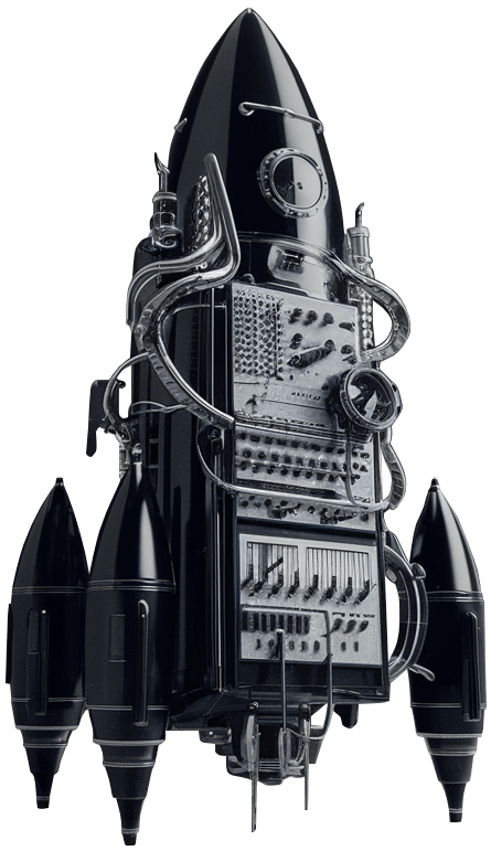Black mechanical synthesiser rocket